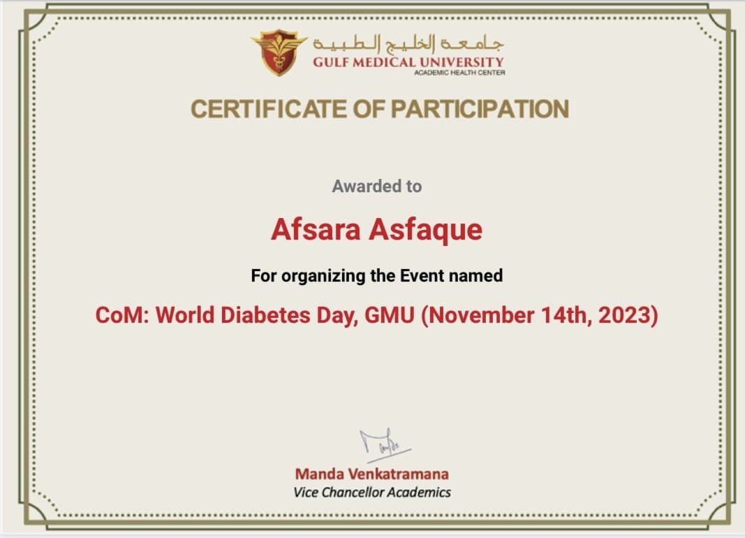 Certificate recognizing Afraa Asfaque as an organizer of Gulf Medical University's World Diabetes Day event in 2023