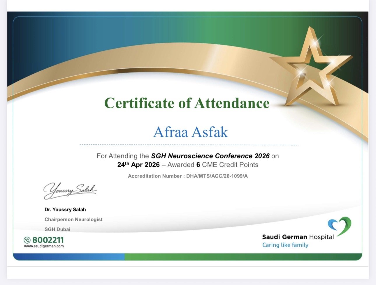 CME certificate for the Saudi German Hospital Neuroscience Conference 2026