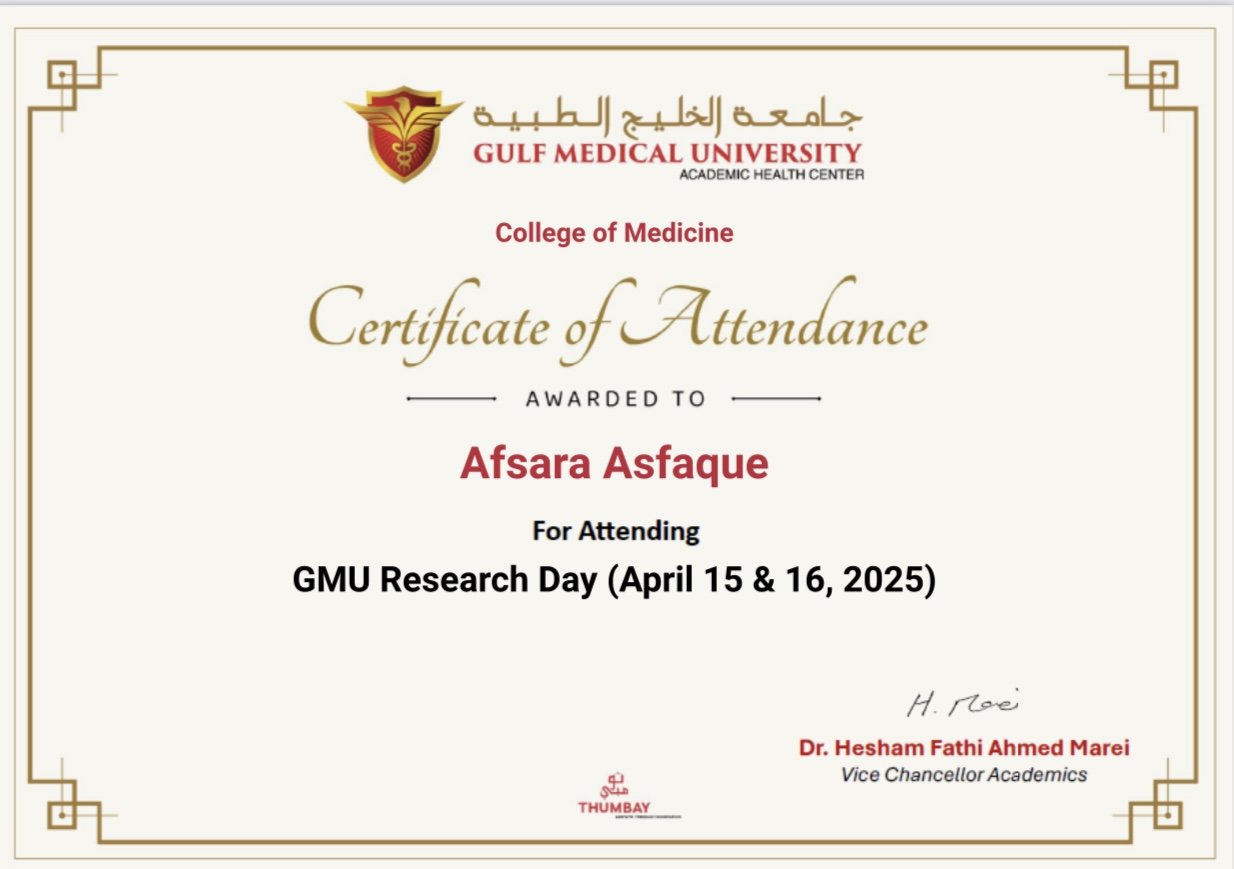 Certificate of attendance for Gulf Medical University Research Day